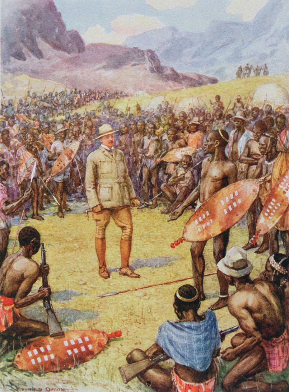 Cecil Rhodes (1853-1902) med Matabeles från "Heroes of History, pub. av Raphael Tuck & Son Ltd., London (bokillustration) av Howard Davie