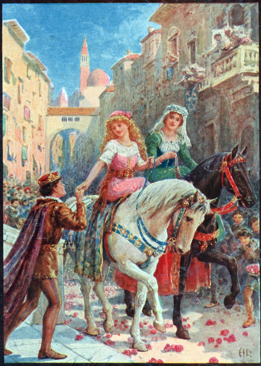 Omslag från "Italian Fairy Tales", av Lilia E. Romano, utgiven av Raphael Tuck & Sons (färg litho) av Howard Davie