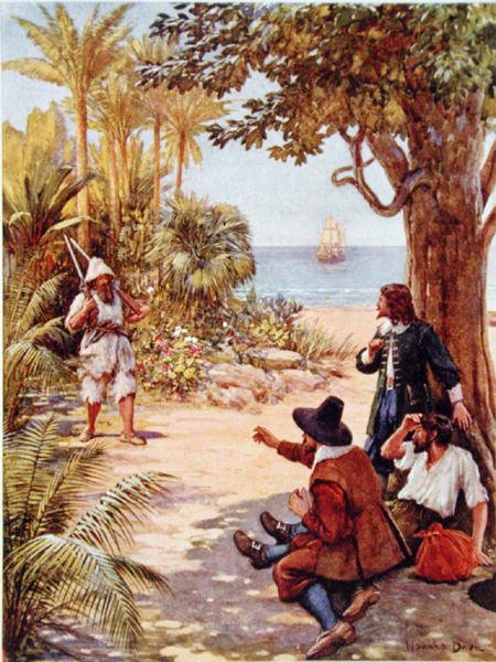 Crusoe dyker upp framför skeppets kapten, illustration för 