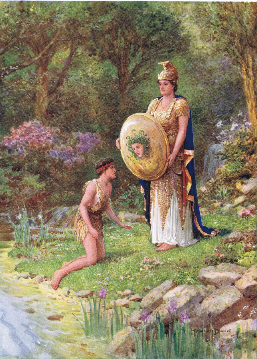 "Vågar du möta ett sådant monster som detta?", illustration för "How Perseus vowed a Rash Vow", från The Heroes of Greek Fairy Tales, av Charles Kingsley (1819-75) (färg litho) av Howard Davie