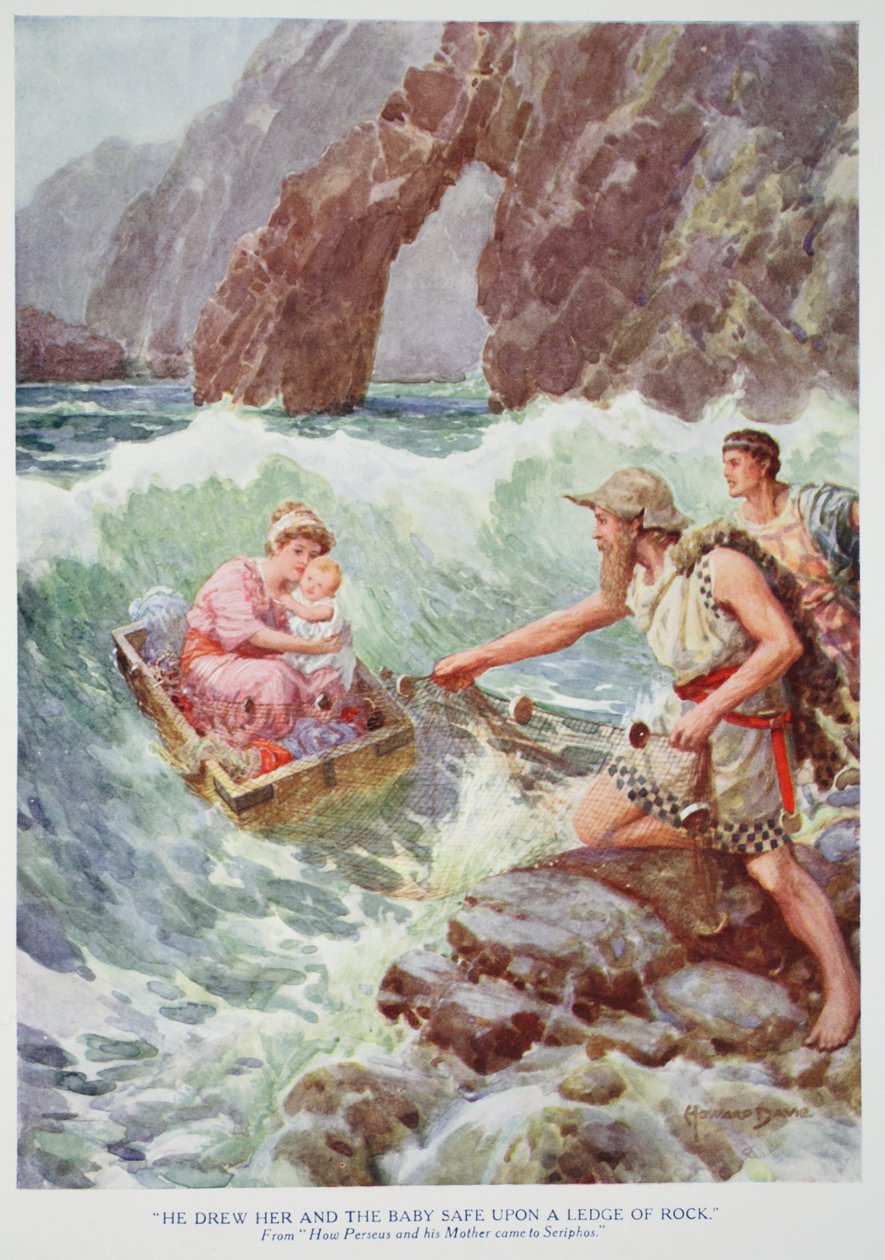 "Han ritade henne och barnet säkert på en avsats av sten" (färg litho) av Howard Davie