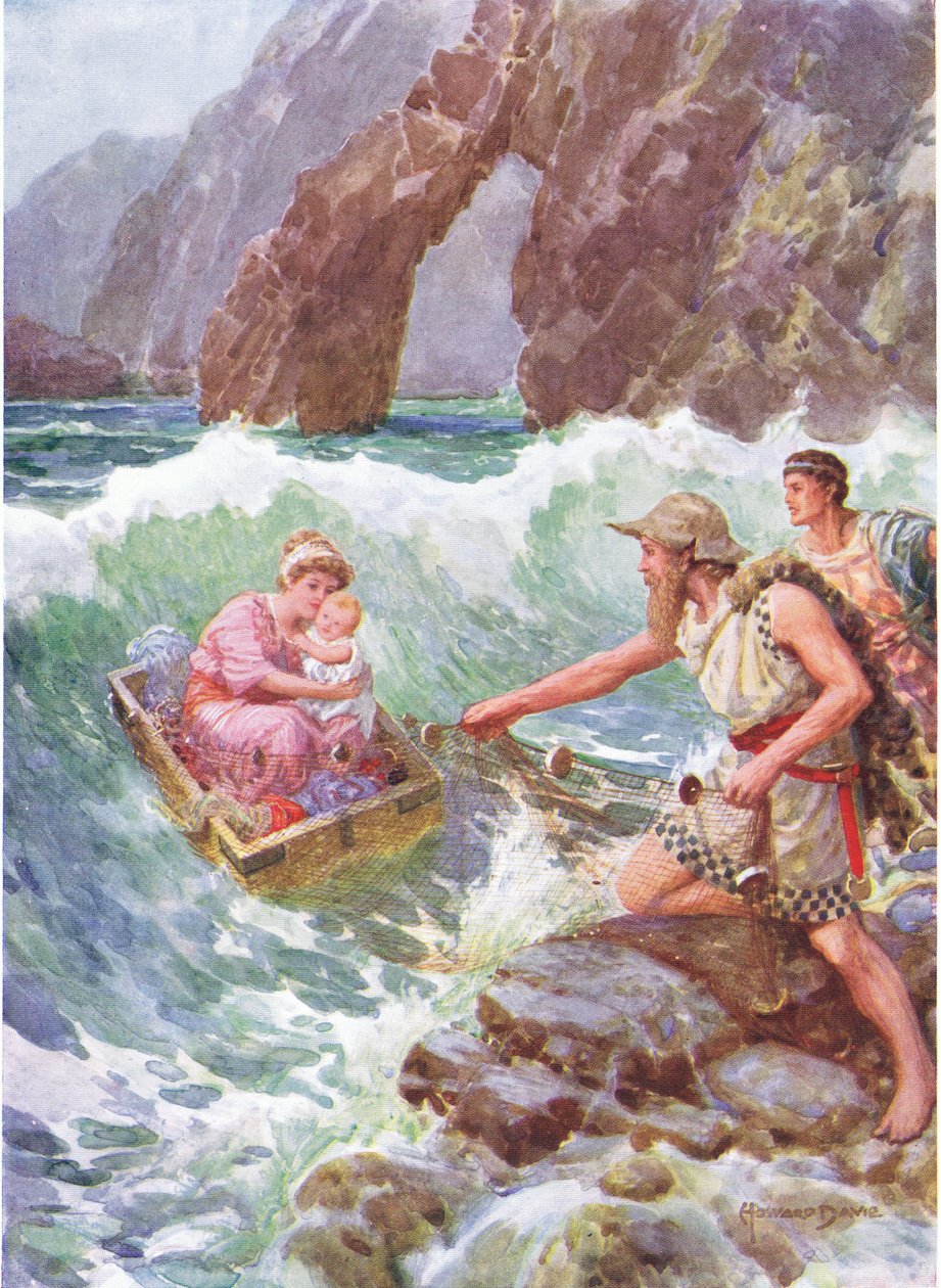 "Han ritade henne och barnet säkert på en avsats av klippa", illustration för "Hur Perseus och hans mor kom till Seriphos", från The Heroes of Greek Fairy Tales, av Charles Kingsley (1819-75) (färg litho) av Howard Davie