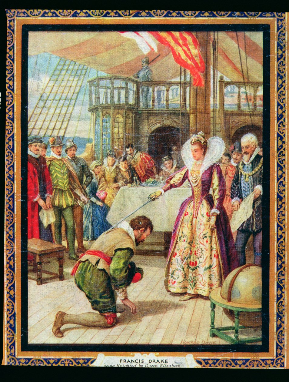 Drottning Elizabeth I (1530-1603) riddar Francis Drake (1540-96), illustration från "Heroes of History" (färg litho) av Howard Davie