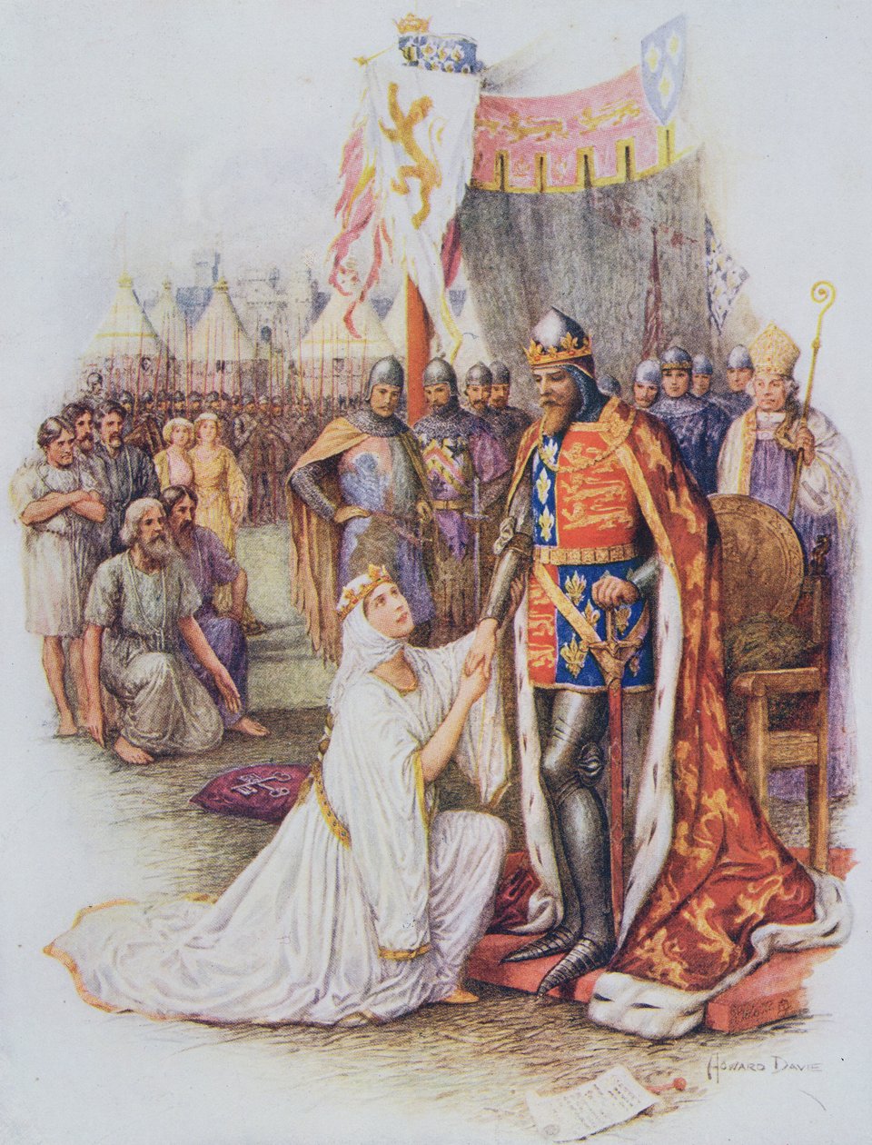 Drottning Philippa pläderar för medborgarna i Calais, illustration från "Stories of Royal Children from English History", av Doris Ashley, publicerad av Raphael Tuck av Howard Davie