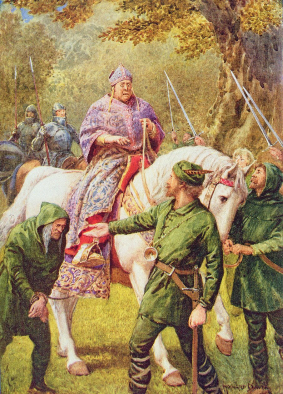 Robin Hood möter biskopen av Hereford, illustration från "Robin Hood and his Life in the Merry Greenwood", berättad av Rose Yeatman Woolf, publicerad av Raphael Tuck av Howard Davie