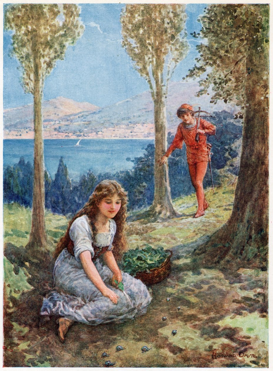 "Plötsligt stannade han och stirrade hänförd", från italienska sagor, av Lilia E. Romano, utgiven av Raphael Tuck & Sons (färg litho) av Howard Davie