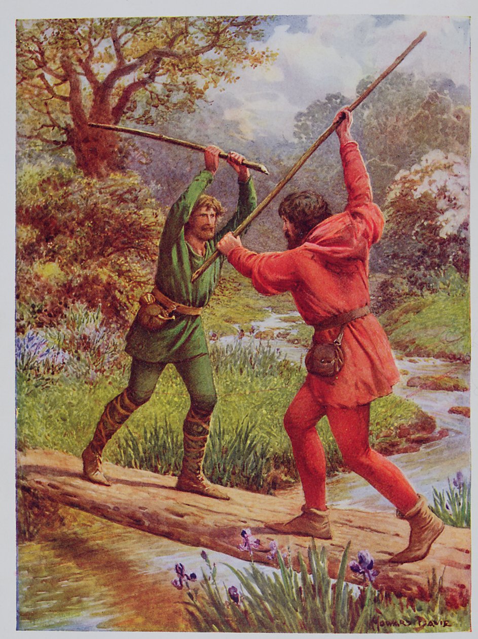 Kampen mellan Robin Hood och Little John, illustration från "Robin Hood and his Life in the Merry Greenwood", berättad av Rose Yeatman Woolf, publicerad av Raphael Tuck av Howard Davie