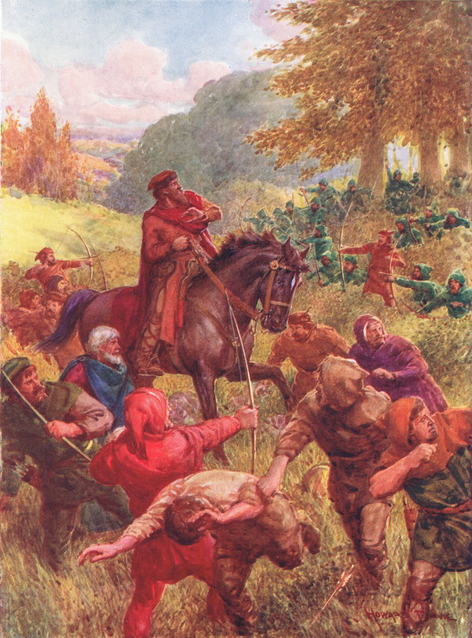 The Rescue of Sir Richard of the Lea, illustration från "Robin Hood and his Life in the Merry Greenwood", berättad av Rose Yeatman Woolf, publicerad av Raphael Tuck av Howard Davie