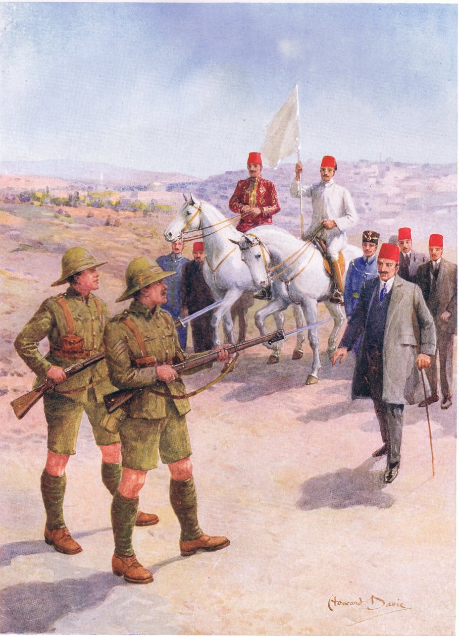 "Upplämnandet av Jerusalem till sergeant Hurcombe från London Regiment", illustration från "Brave Deeds by Brave Men", av C. Sheridan Jones, pub. 1922 (lito) av Howard Davie