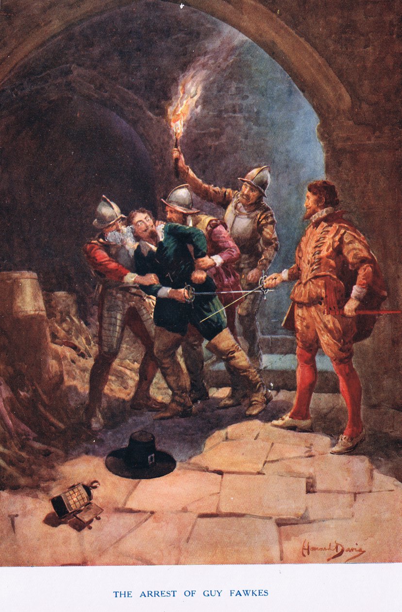 Gripandet av Guy Fawkes, illustration från "Madame Tussauds" (litho i färg) av Howard Davie