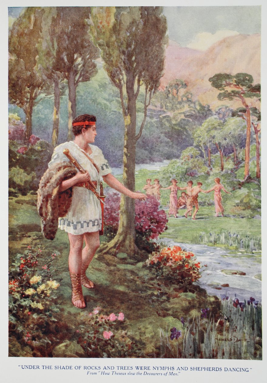 "Under skuggan av stenar och träd dansade nymfer och herdar" (färg litho) av Howard Davie