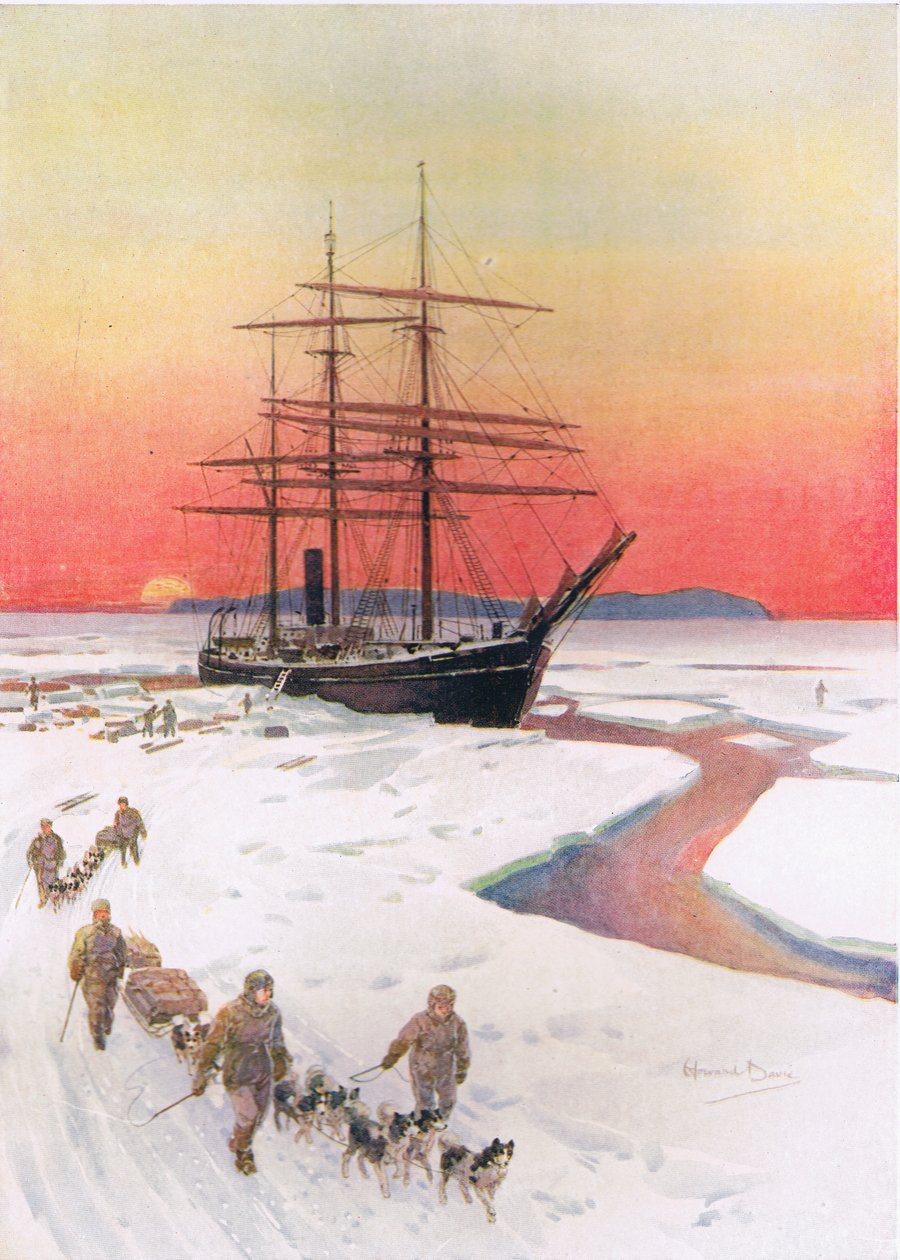 "Att lasta av Terra Nova i McMurdo Sound", illustration från "Brave Deeds by Brave Men" av C. Sheridan Jones, pub. 1922 (lito) av Howard Davie