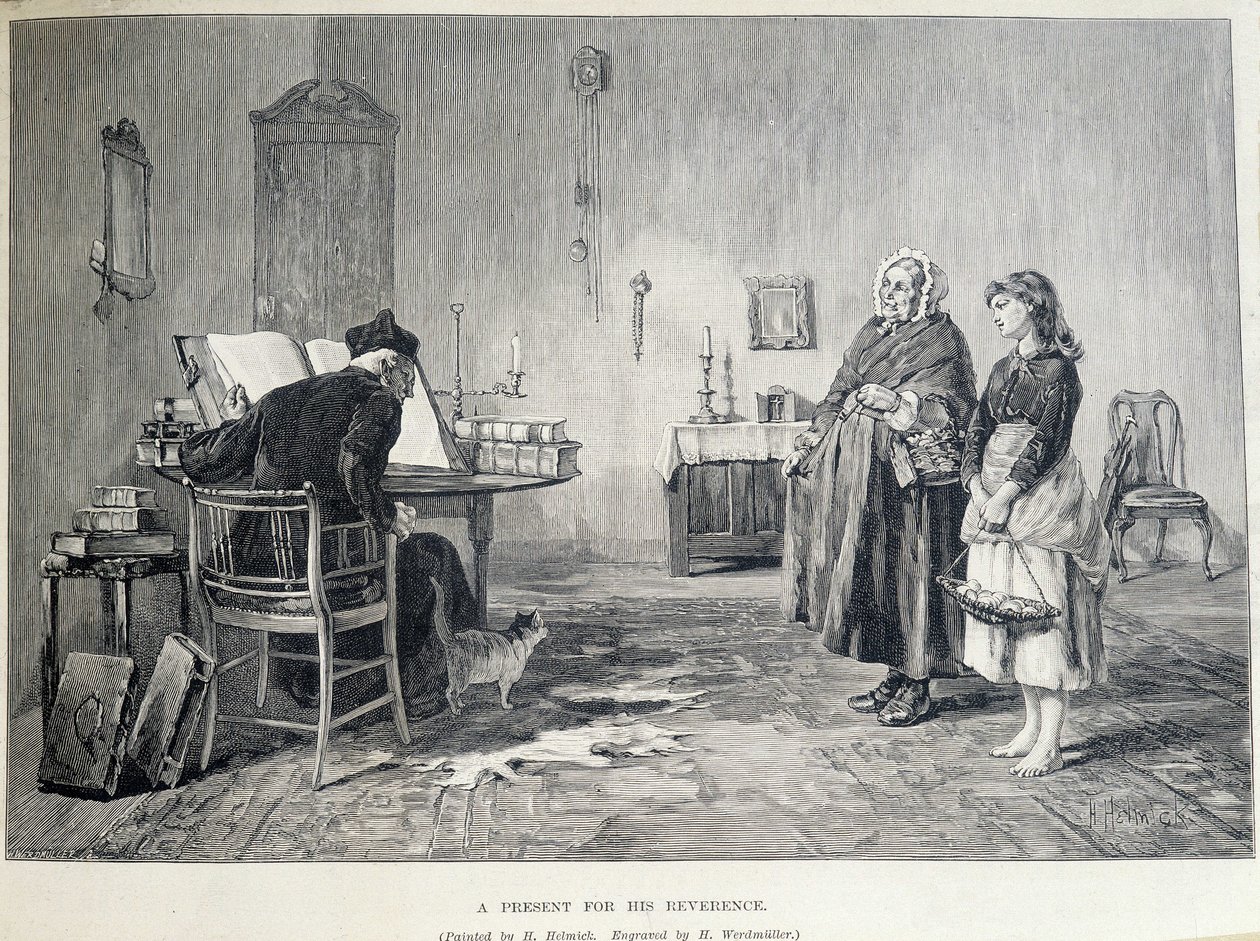 Två irländska kvinnor ger en present till en religiös. Gravyr av H. Werdmuller efter målningen av H. Helmick på 1800-talet. av Howard Helmick