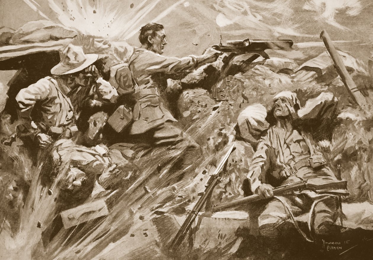 Menige Cooke fortsätter att avfyra sin kulspruta efter att alla medlemmar i vapenteamet hade dödats eller skadats av Howard K. Elcock