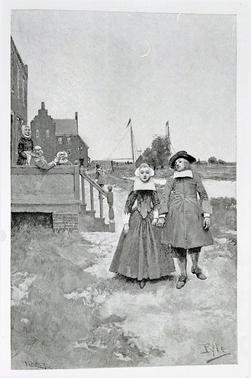 Längs kanalen på gamla Manhattan, illustration från "The Evolution of New York" av Thomas A. Janvier, pub. i Harper