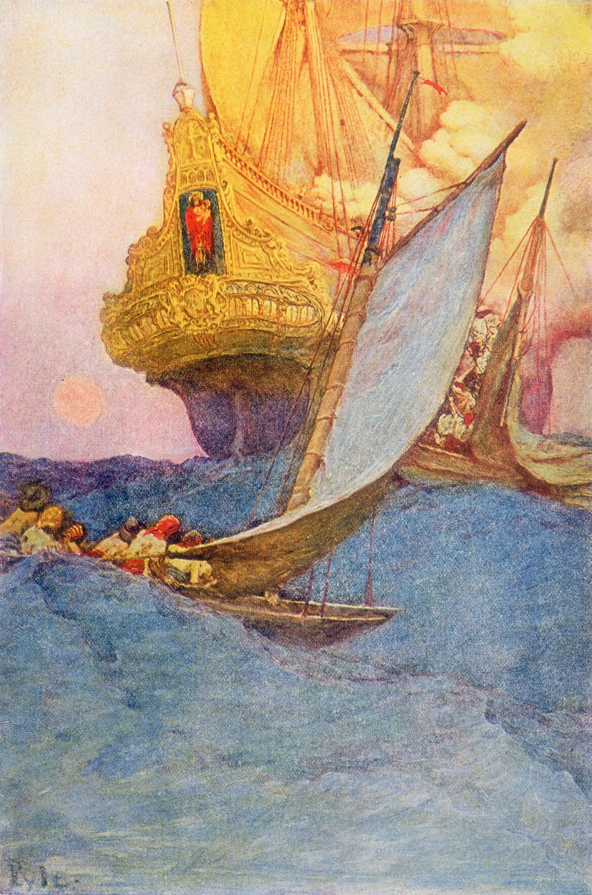 En attack mot en galjon, tidigt 1900-tal (bokillustration) av Howard Pyle