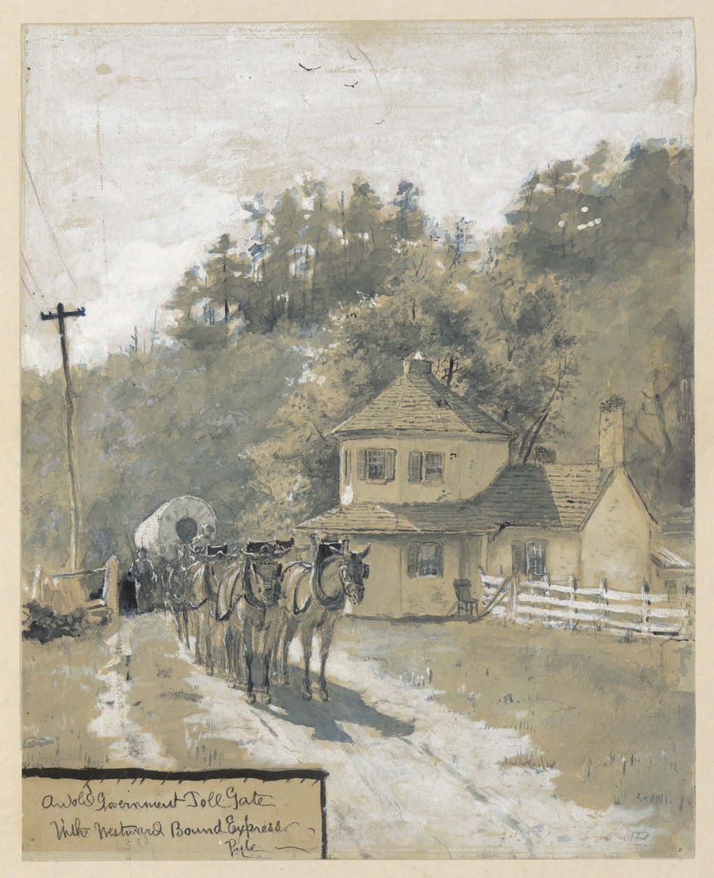 En gammal statlig tullstation med ett expresståg på väg västerut, teckning till en illustration för artikeln "The Old National Pike" av William Henry Rideing av Howard Pyle