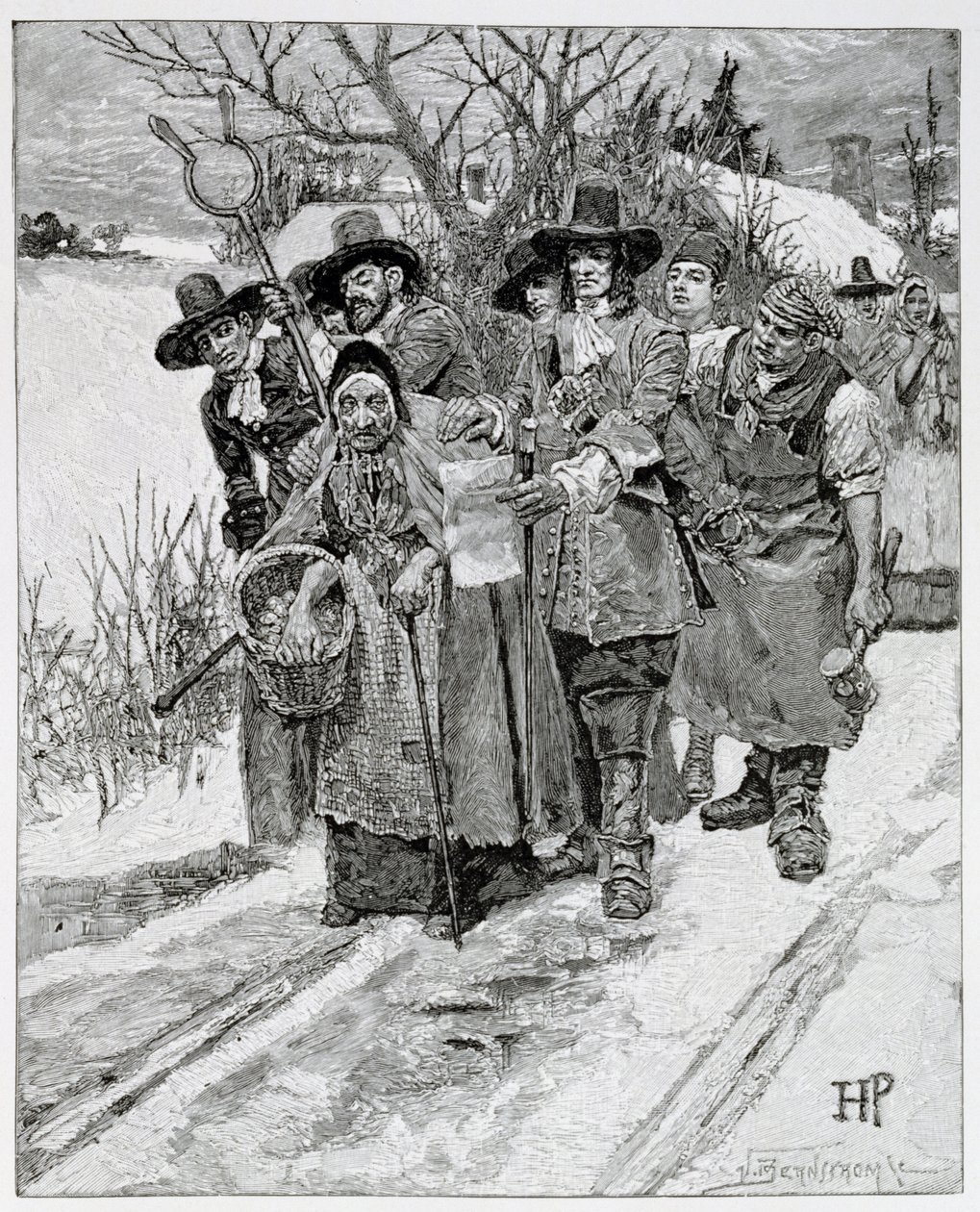 Att arrestera en häxa, graverad av J. Bernstrom, illustration från "The Second Generation of Englishmen in America" av Thomas Wentworth Higginson, pub. i Harper