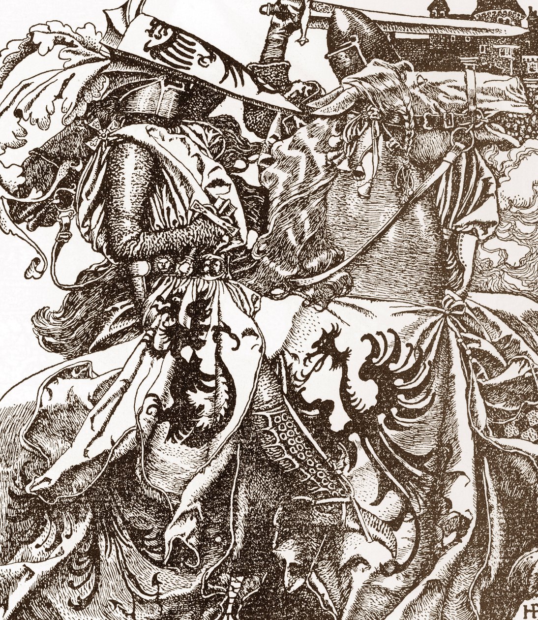 Arthurian Legend: Kay (Keu), riddare av det runda bordet, bryter sitt svärd vid en turnering (Sir Kay, riddare av det runda bordet, bryter sitt svärd vid en turnering) Illustration av Howard Pyle (1853-1911) från "The story om kung Arthur och hans riddare” av Howard Pyle