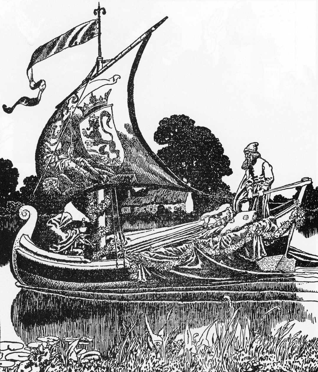 Arthurian Legend: The pråm av de döda ger kung Arthur kropp Illustration av Howard Pyle (1853-1911) från "The Story of Sir Launcelot and His Companions" 1907 privatsamling av Howard Pyle
