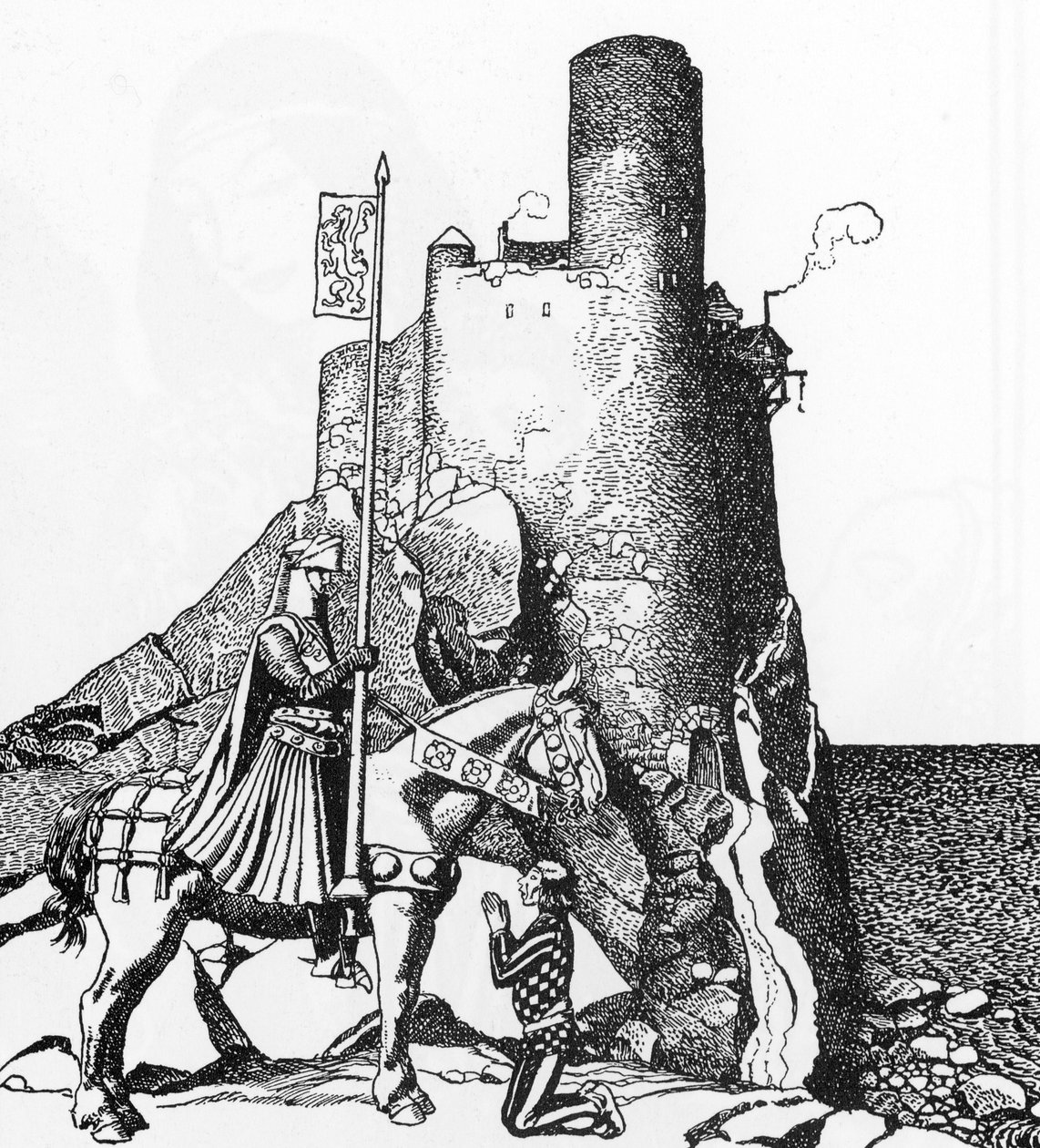 Arthurian Legend: Tristan anländer till Nabons slott (Sir Tristam anländer till Sir Nabons slott) Illustration av Howard Pyle (1853-1911) från "The Story of the champions of the round table"" 1905 Privat samling av Howard Pyle