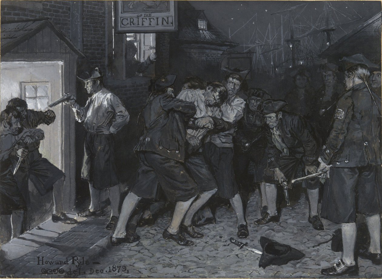 Vid Gripens skylt, teckning till en illustration för artikeln "Gamla kaffehus i New York" av John Austin Stevens av Howard Pyle