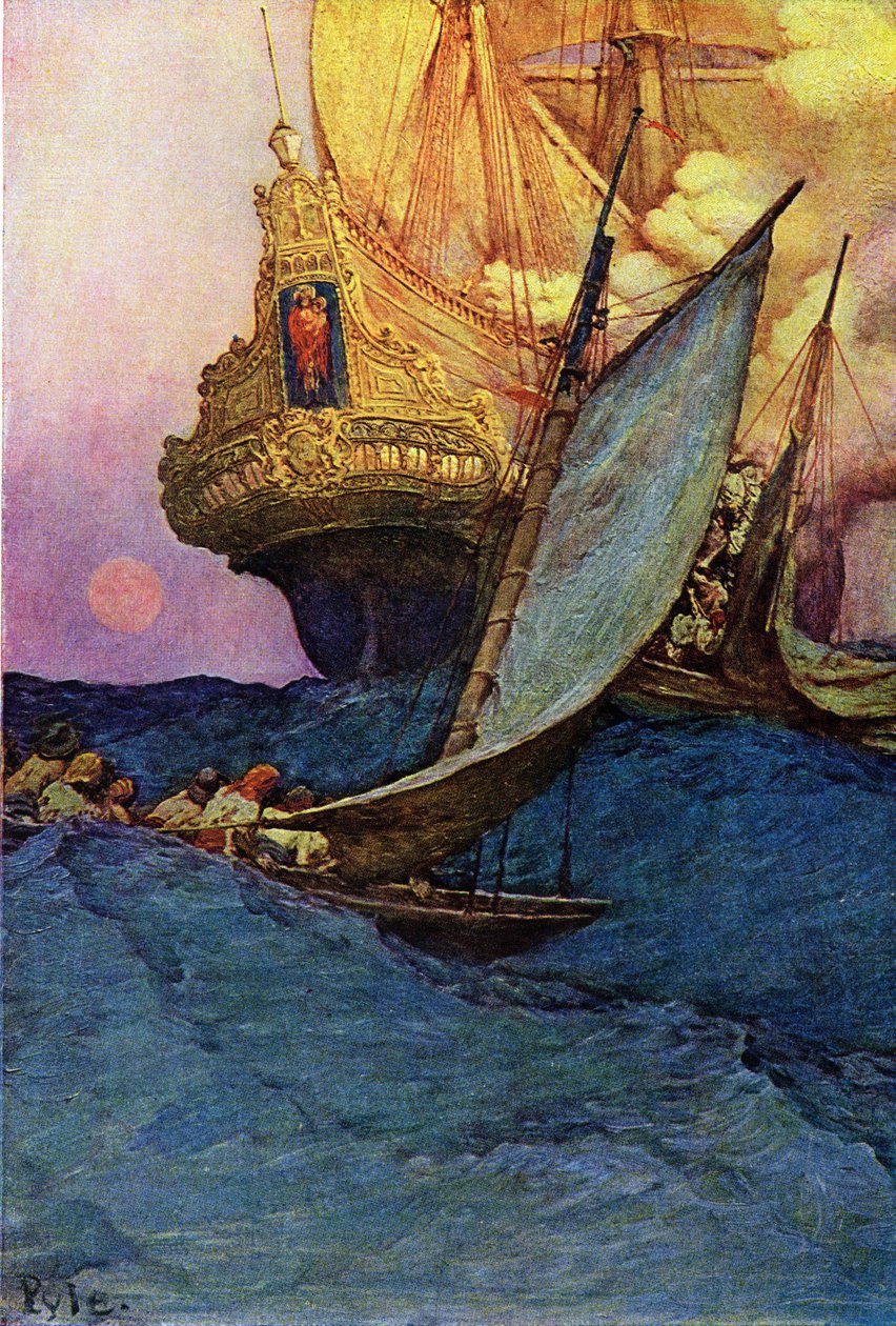 Att attackera en galjon av pirater. "" Book of pirates Buccaneers and Marooners of the Spanish Main" av Howard Pyle (1853-1911), amerikansk illustratör av Howard Pyle