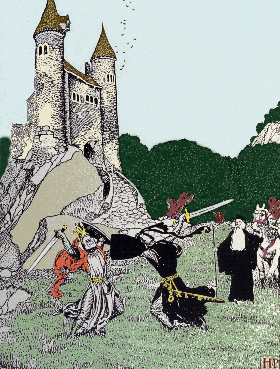 Strid mellan kung Arthur (Artus) och den svarta riddaren i närvaro av den förtrollande Merlin. Illustration av Howard Pyle (1853 - 1911), amerikansk illustratör av Howard Pyle