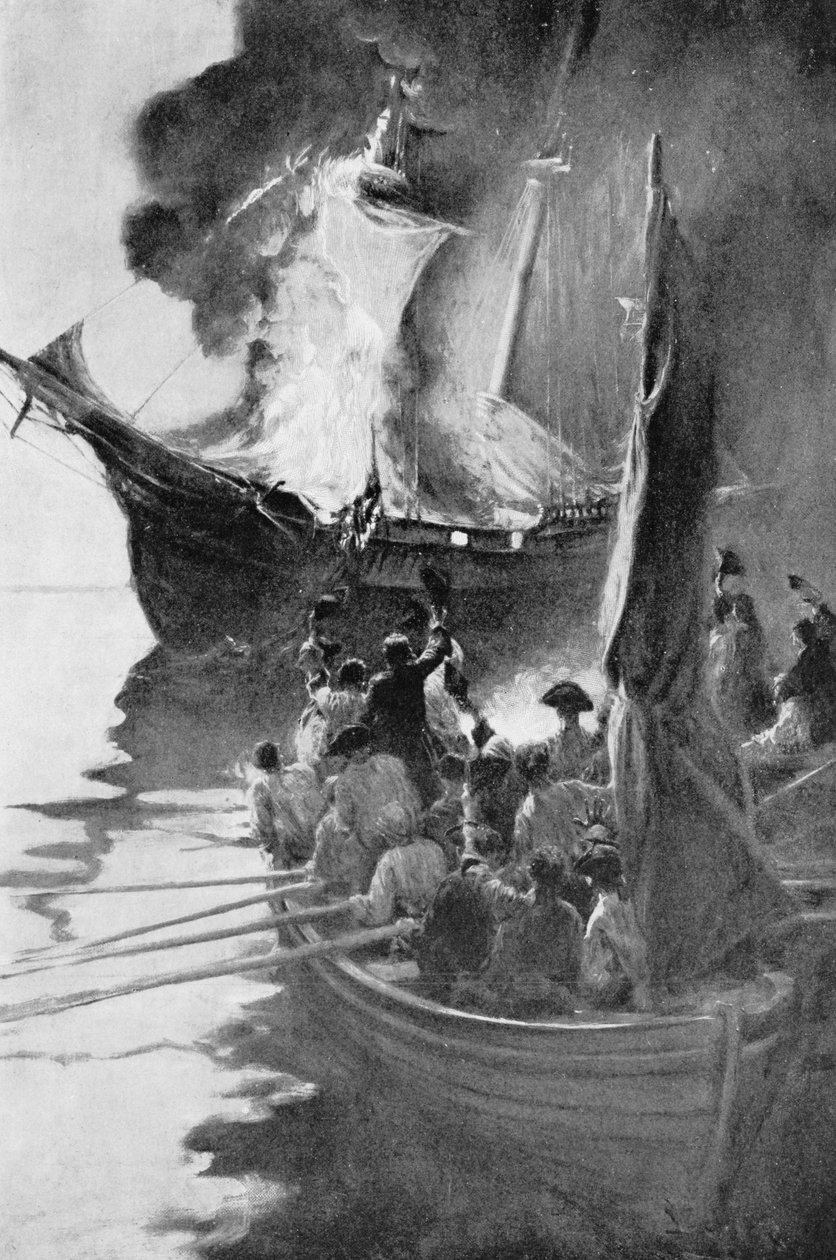 Bränning av "Gaspee", illustration från "kolonier och nation" av Woodrow Wilson, pub. i Harper