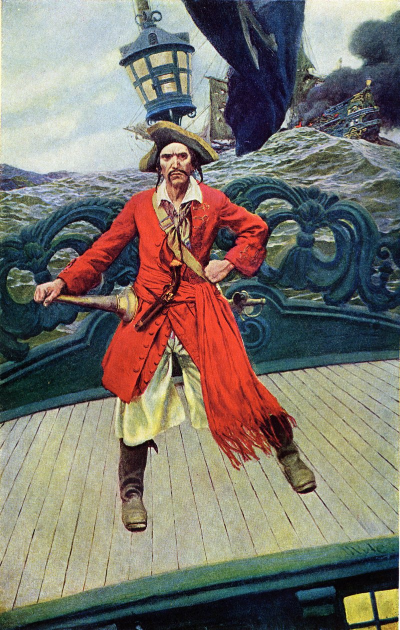 Kapten Keith på däcket på sitt skepp. Illustration från "Book of pirates Buccaneers and Marooners of the Spanish Main" av Howard Pyle (1853-1911), amerikansk illustratör av Howard Pyle