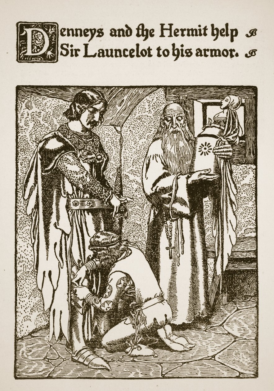 Denneys och eremiten hjälper Sir Launcelot att ta på sig rustningen, illustration från "The Story of Sir Launcelot and his Companions", 1907 av Howard Pyle