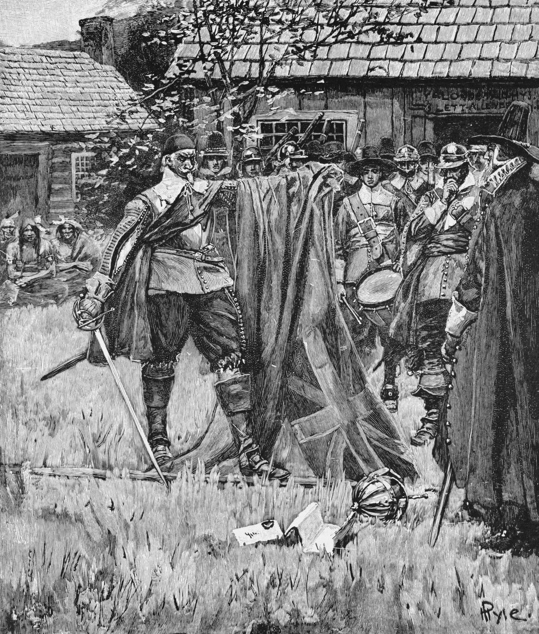 Endicott som skär ut korset ur den engelska flaggan, illustration från "En engelsk nation" av Thomas Wentworth Higginson, pub. i Harper