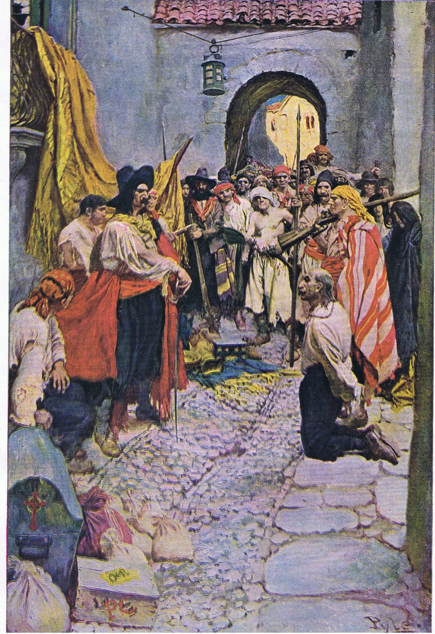 Utpressande hyllning från medborgarna, från Howard Pyles Book of Pirates publicerad av Harper & Bros, 1921 av Howard Pyle
