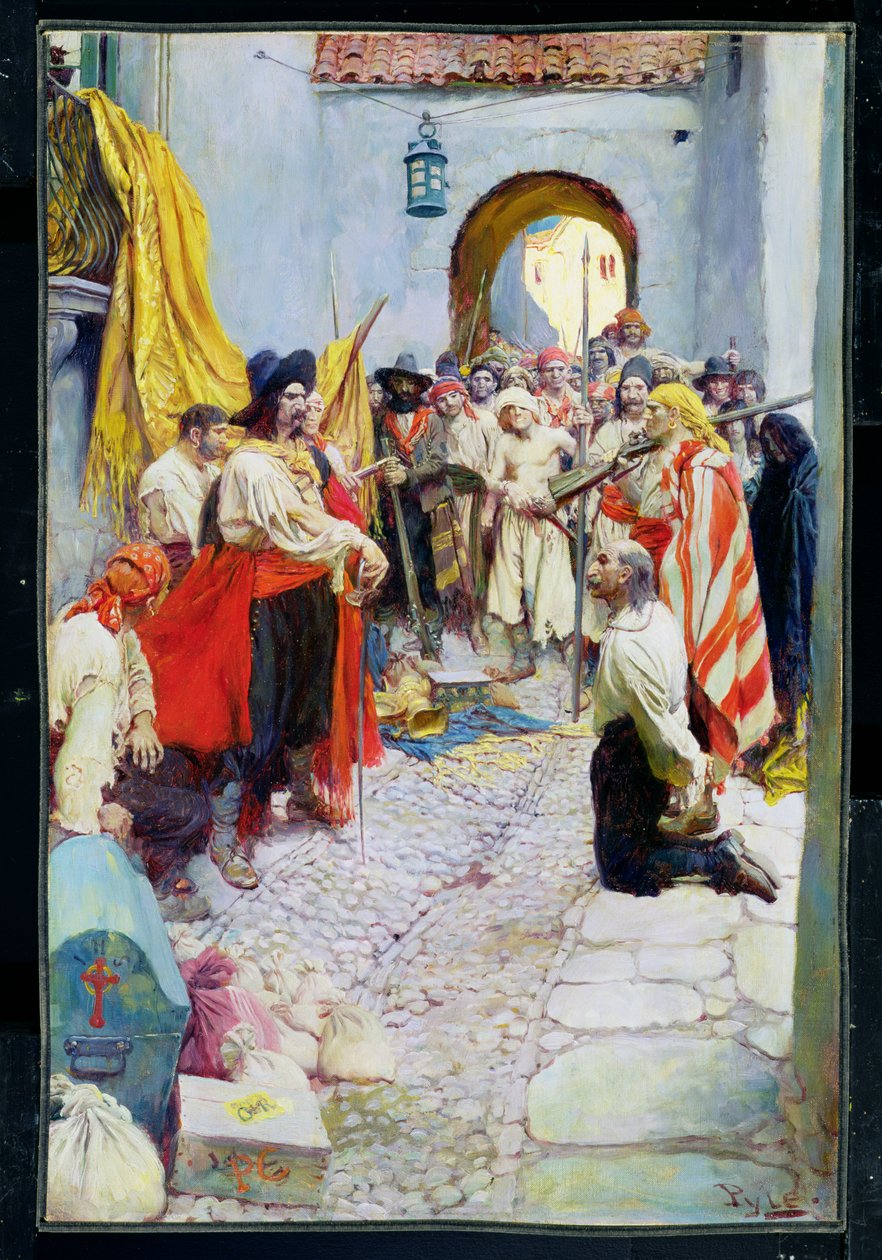 Utpressande hyllning från medborgarna, eller The sack of Carthagena, från "The Fate of a Treasure Town" av Howard Pyle, publicerad i Harper