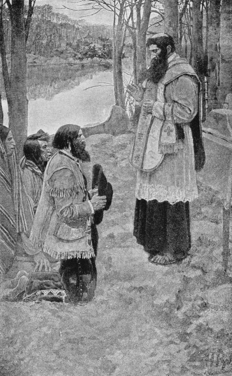 Fader Hennepin firar mässa, illustration från "La Salle och upptäckten av det stora västern" av Francis Parkman av Howard Pyle