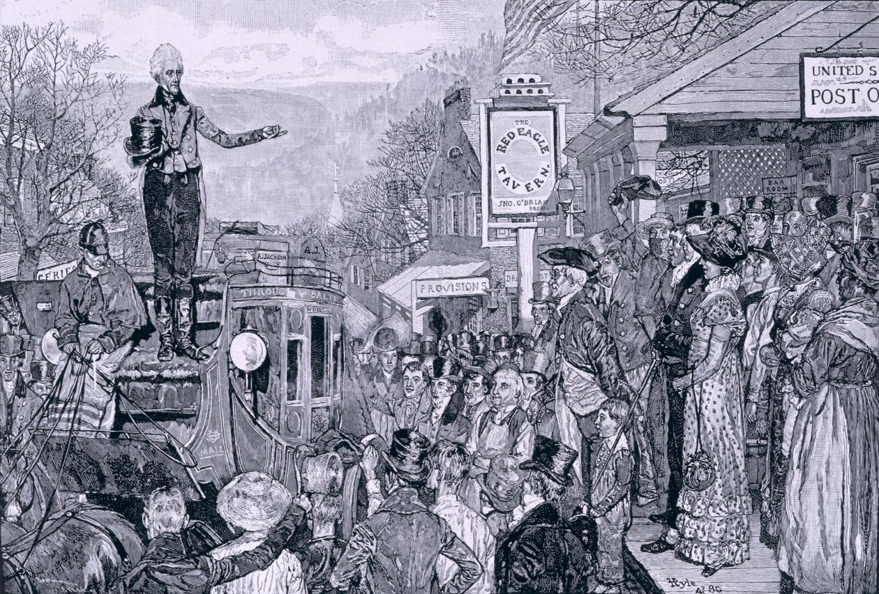 "General Jackson, tillträdande president, på väg till Washington", illustration från "A Presidential Progress", pub. i Harper