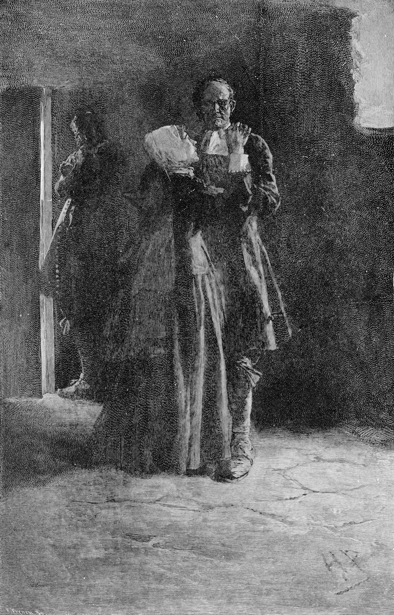 Giles Corey i fängelse, graverad av Frank French (1850-1933) illustration från "Giles Corey, Yeoman" av Mary E. Wilkins, pub. i Harper