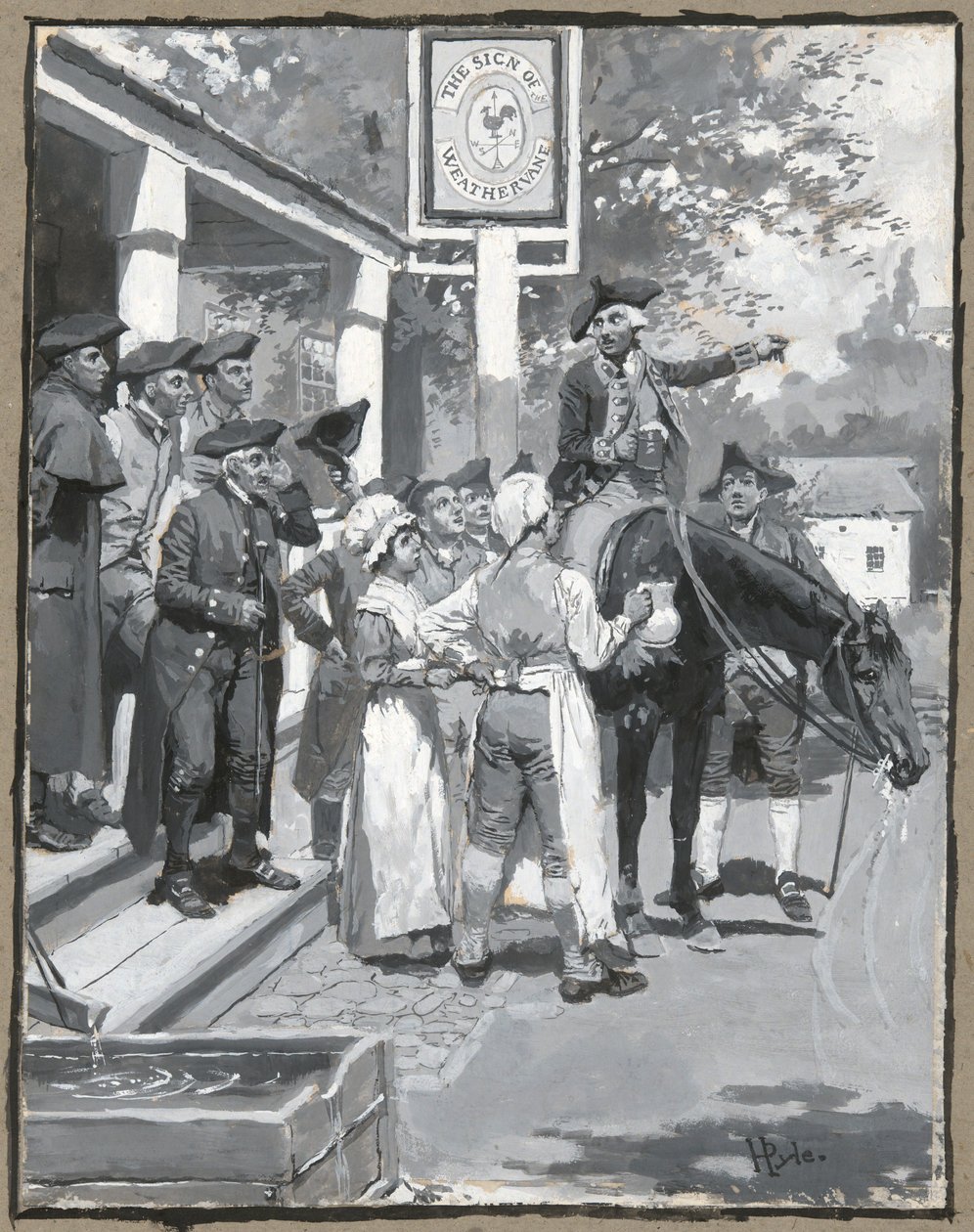 Han stannar vid väderflöjelns tecken och ritar illustrationen till dikten av Howard Pyle