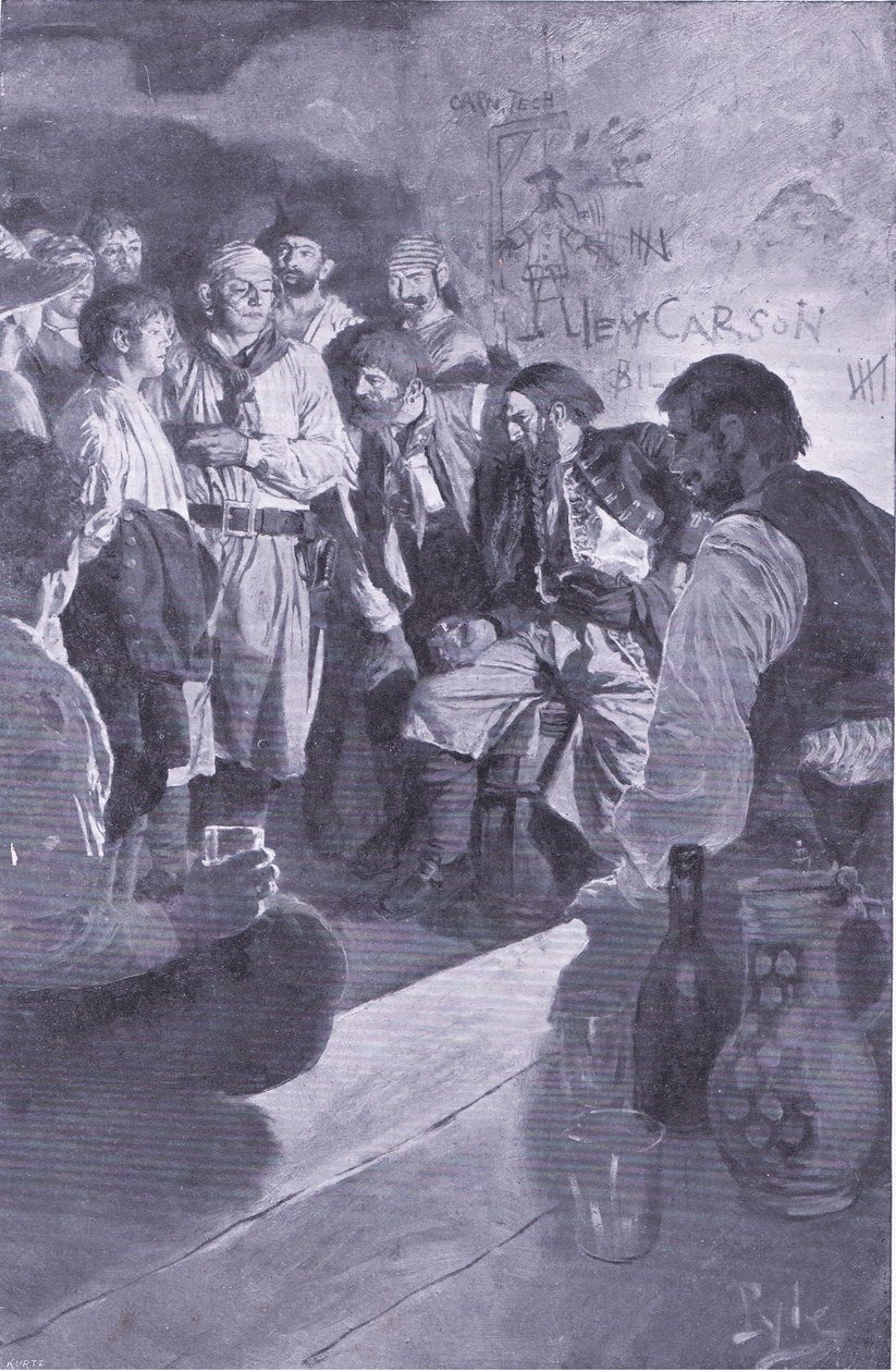 Han ledde Jack upp till mannen som satt på pipan, från Howard Pyles Book of Pirates publicerad av Harper & Bros, 1921 av Howard Pyle