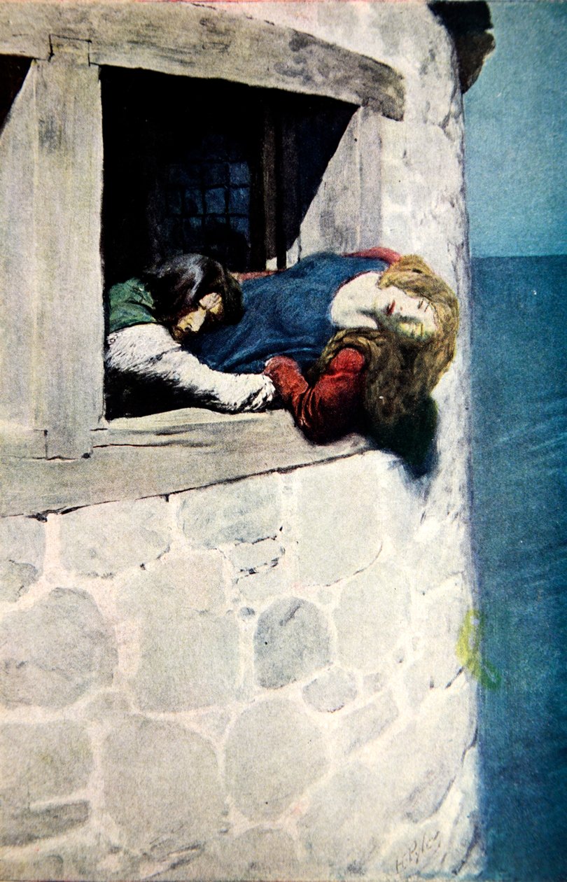 "Hennes huvud och axlar hängde över utrymmet utan", en illustration från The Maid of Landevennec, pub. i Harper