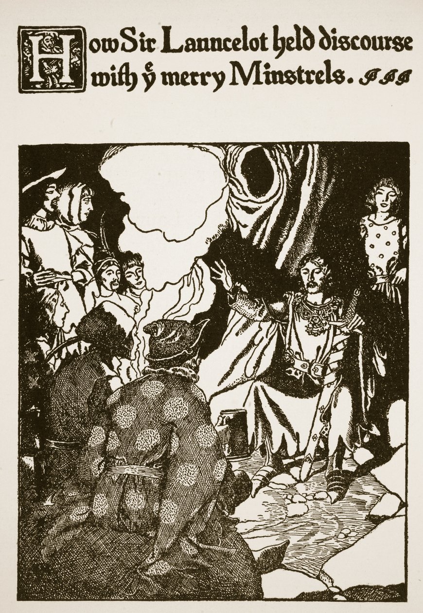 Hur Sir Launcelot höll samtal med de glada spelmännen, illustration från "The Story of Sir Launcelot and his Companions", 1907 av Howard Pyle
