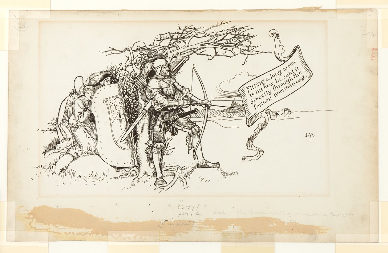 Illustration för The Accommodating Circumstance, II; Han passade en lång pil på sin båge och skickade den direkt genom den främste ryttaren av Howard Pyle
