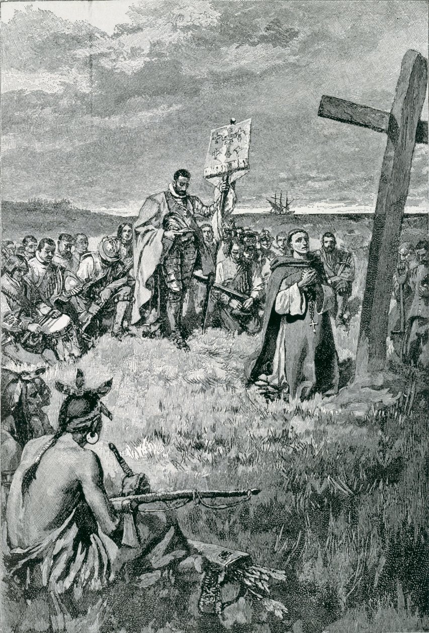 Jacques Cartier (1491-1557) sätter upp ett kors vid Gaspe, illustration från "The French Voyageurs" av Thomas Wentworth Higginson, publicerad i Harper