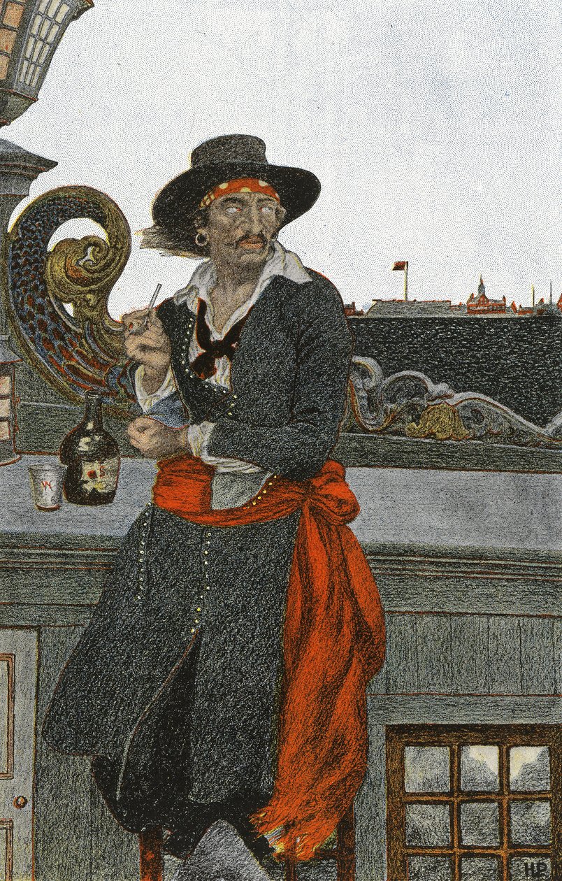 Kidd på däck på Adventure Galley, tidigt 1900-tal (bokillustration) av Howard Pyle