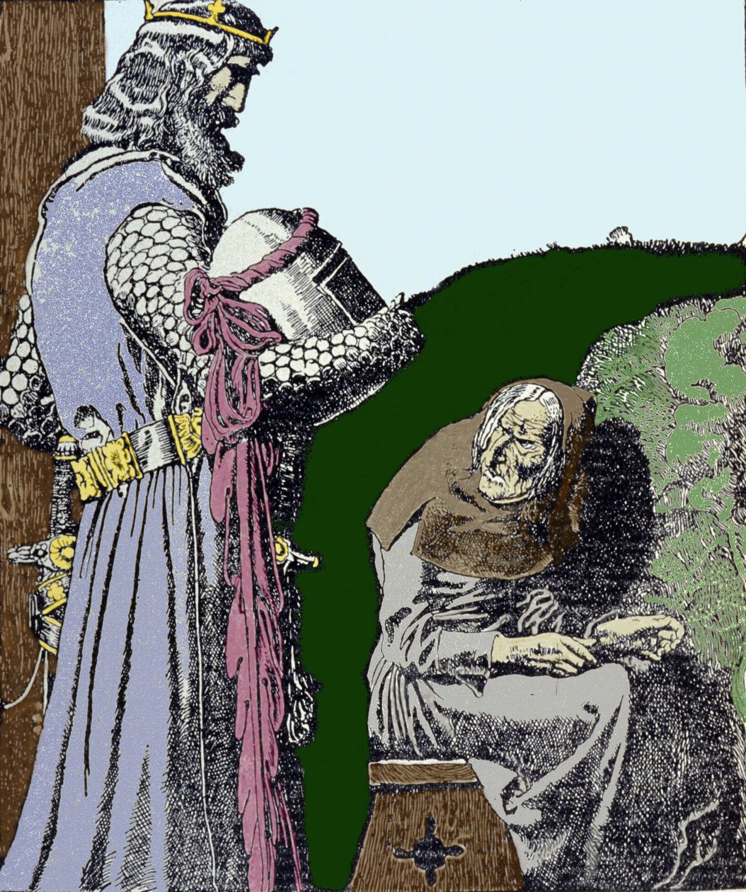 Kung Arthur (Artus) och häxan. Illustration av Howard Pyle (1853 - 1911), amerikansk illustratör. av Howard Pyle