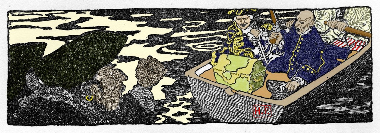 Pirate Jack Ballister ""Berättelsen om Jack Ballisters förmögenheter"" i ""Book of pirates Buccaneers and Marooners of the Spanish Main"", illustrerat av Howard Pyle (1853-1911), amerikansk illustratör av Howard Pyle