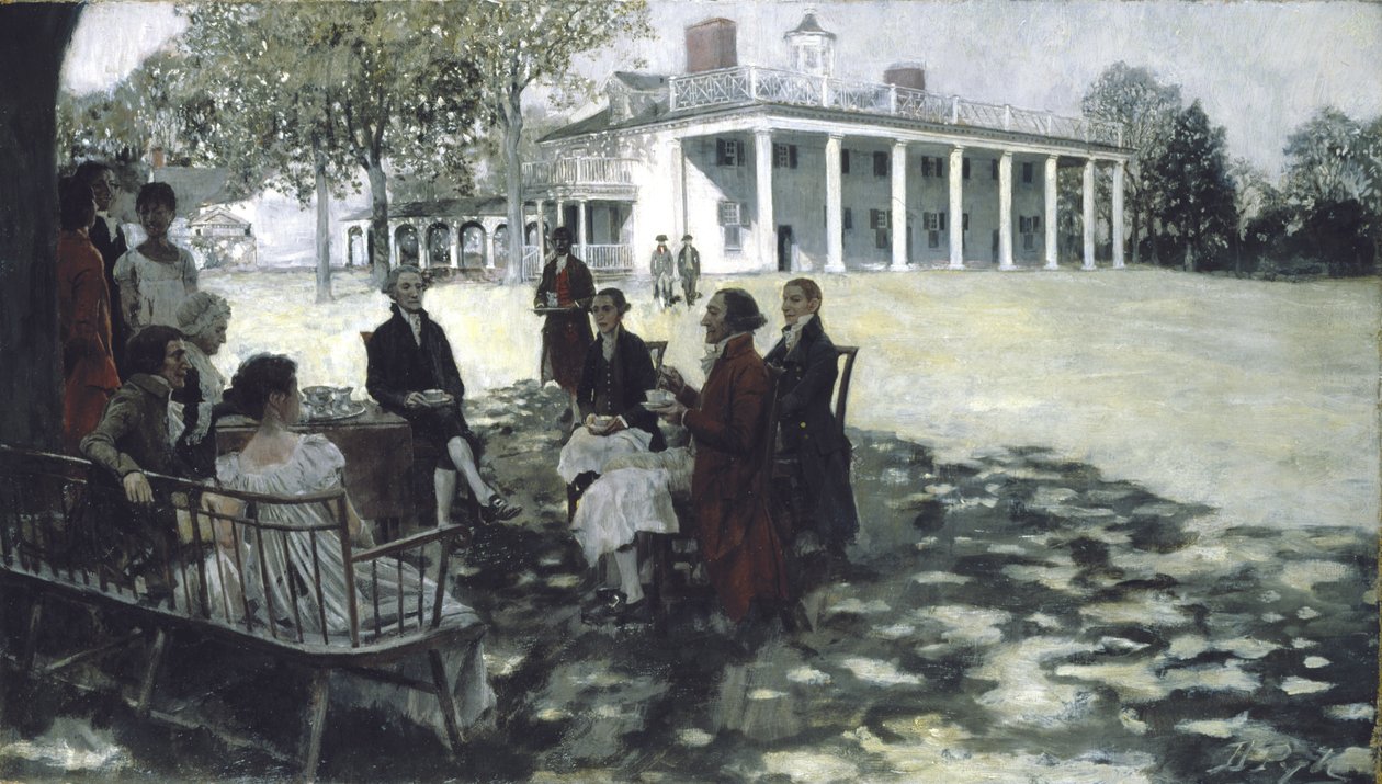 Martha och George Washington underhåller sina vänner på gräsmattan på Mount Vernon, 1898 (olja och grisaille på duk) av Howard Pyle
