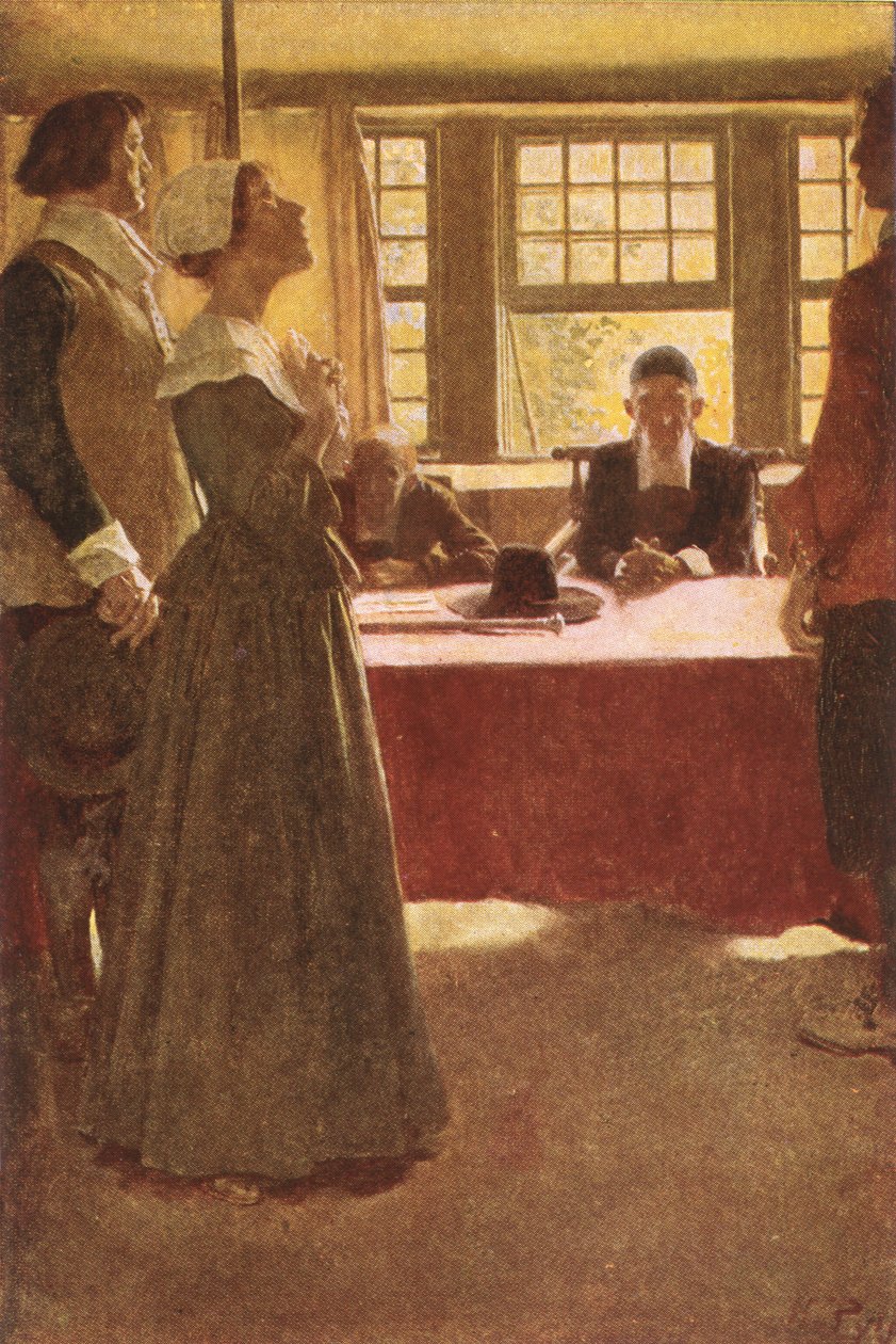 Mary Dyer kom med före guvernör Endicott, illustration från "The Hanging of Mary Dyer" av Basil King, pub. i McClure
