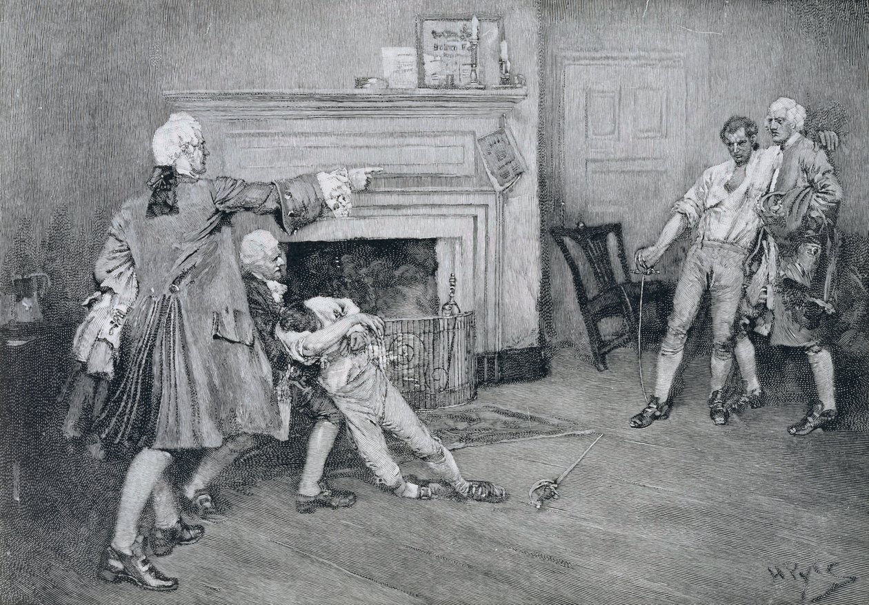 Möte av kapten Tollemache och kapten Pennington på "The City Arms", illustration från "Old New York Taverns" av John Austin Stevens, pub. i Harper