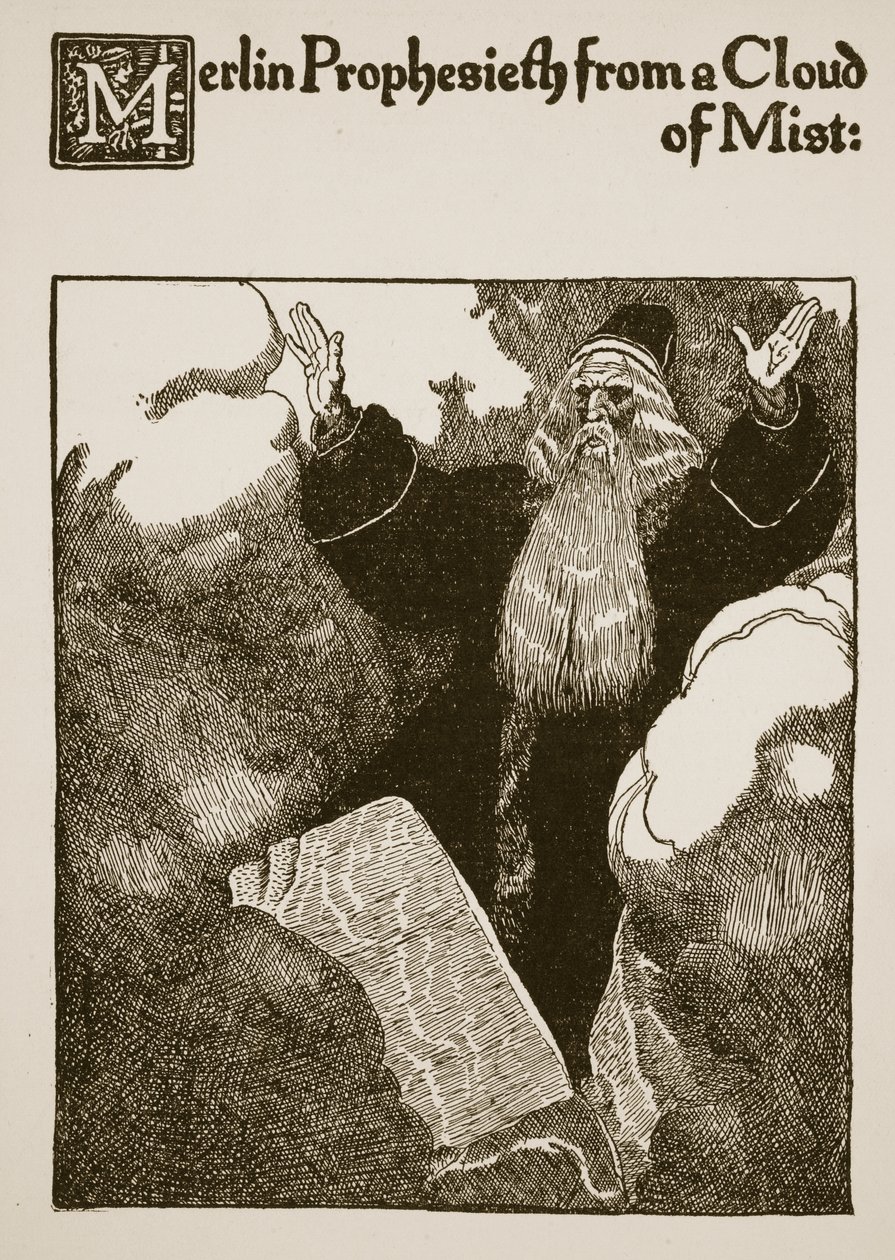 Merlin profeterar från ett moln av dimma, illustration från 